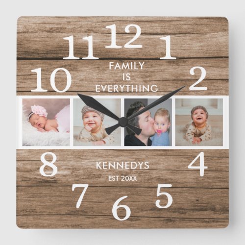 Rustic Reclaimed Wood 4 Photo Family Quote Square Wall Clock