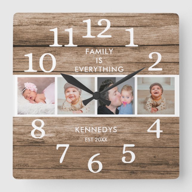 Rustic Reclaimed Wood 4 Photo Family Quote Square Wall Clock (Front)