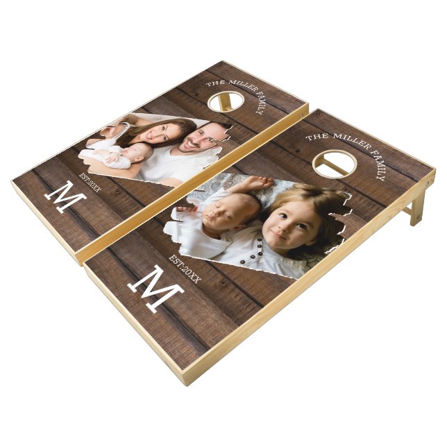 Rustic Reclaimed Wood Family Name Monogram 2 Photo Cornhole Set (Angled)