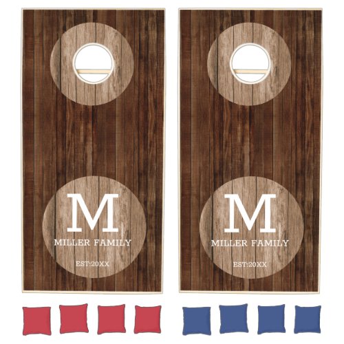 Rustic Reclaimed Wood Family Name Monogram Cornhole Set