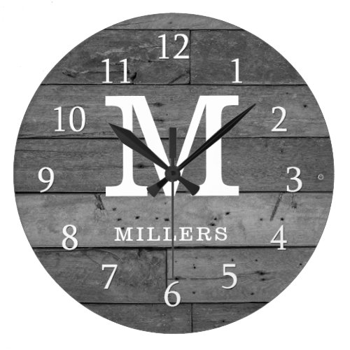 Rustic Reclaimed Wood Family Name Monogram Gray Large Clock