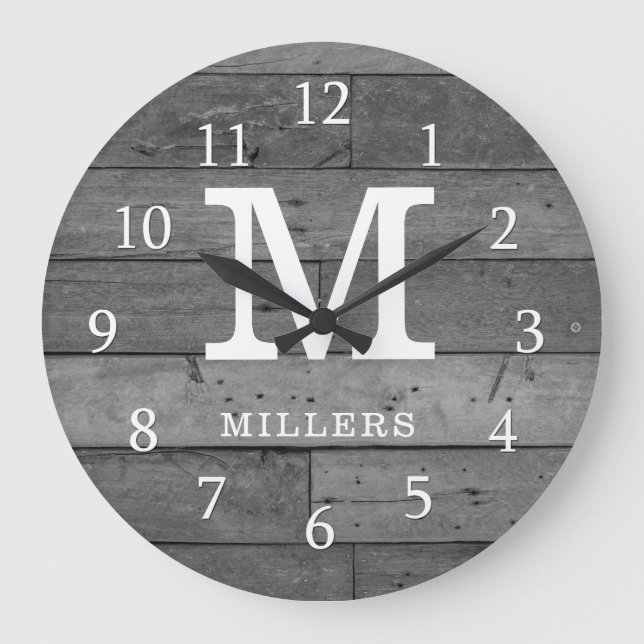 Rustic Reclaimed Wood Family Name Monogram Gray Large Clock (Front)
