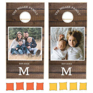 Rustic Reclaimed Wood Family Name Monogram Photo Cornhole Set