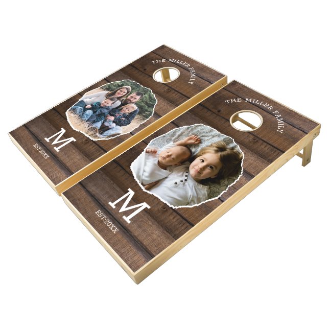 Rustic Reclaimed Wood Family Photo Name Monogram  Cornhole Set (Angled)