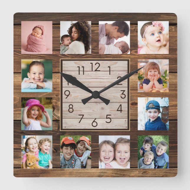 Rustic Reclaimed Wood Farmhouse 12 Photo Collage  Square Wall Clock (Front)