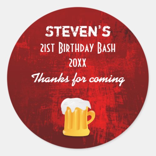 Rustic Red Abstract Birthday Bash with Beer Mug Classic Round Sticker