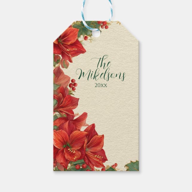 Rustic Red Amaryllis Christmas Gift Tags (Front)
