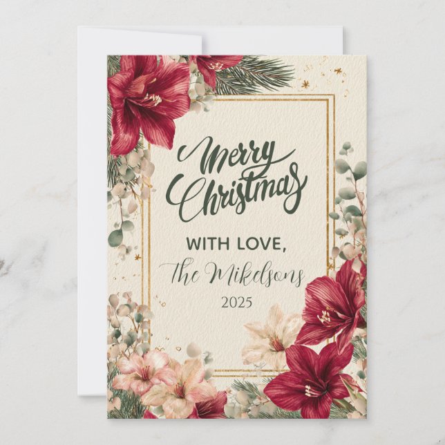 Rustic Red Amaryllis Christmas Holiday Card (Front)