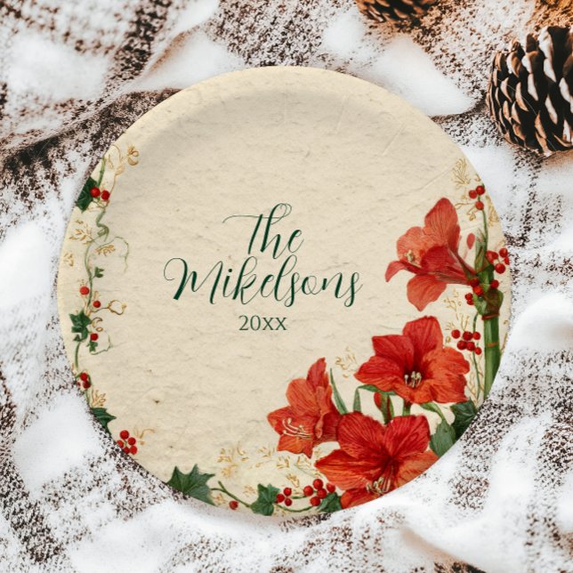 Rustic Red Amaryllis Christmas Paper Plates (Creator Uploaded)