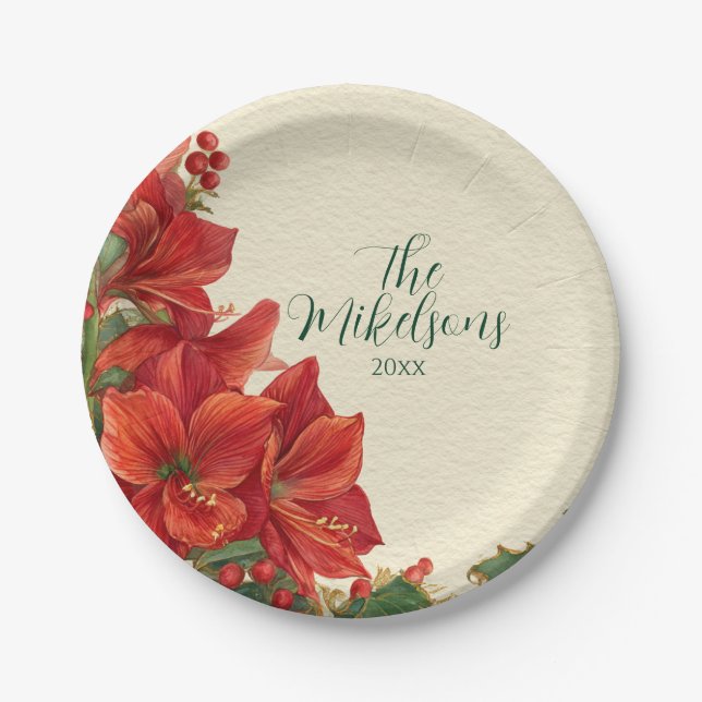 Rustic Red Amaryllis Christmas Paper Plates (Front)