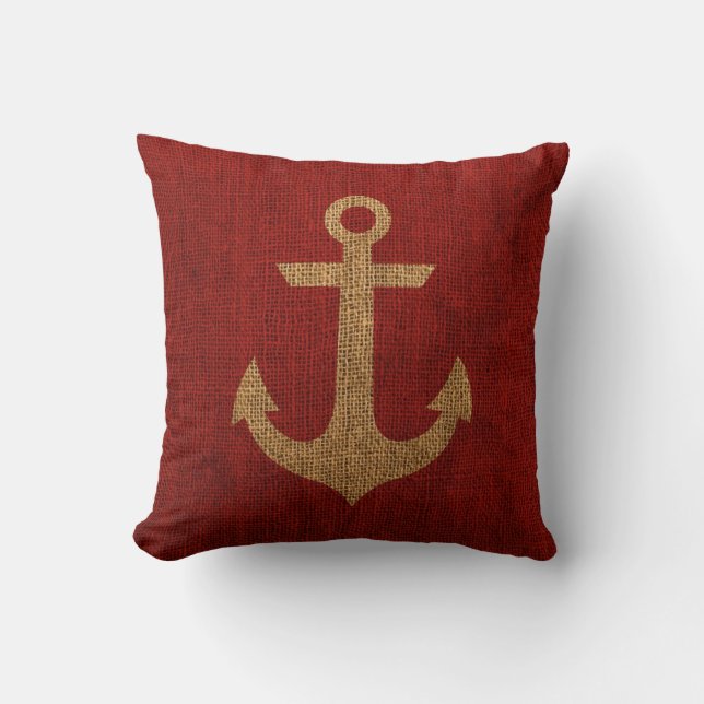 Rustic Red Anchor on Burlap Look Throw Pillow (Front)