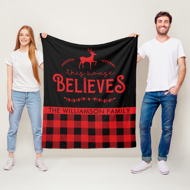 Rustic Red and Black  Buffalo Check Family Name  Fleece Blanket (In Situ)