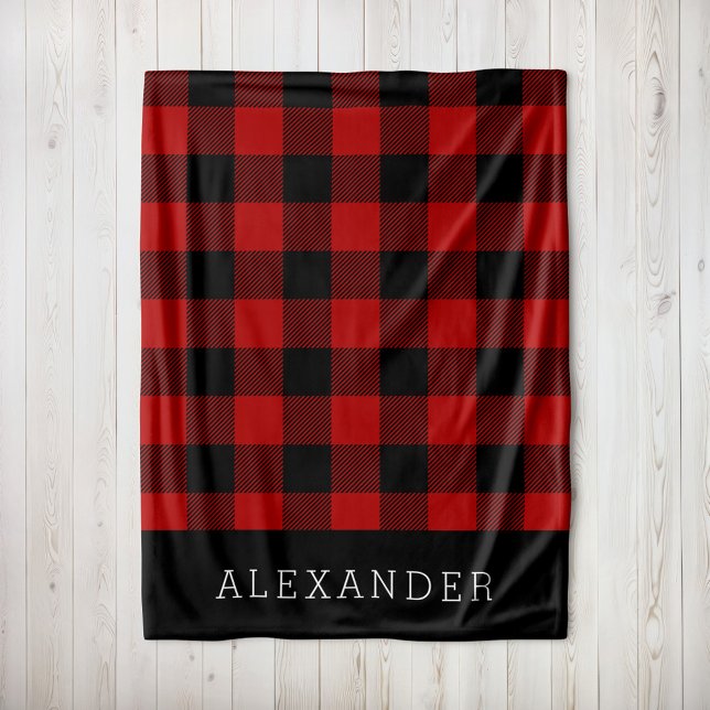 Rustic Red and Black Buffalo Check Monogram Fleece Blanket (Creator Uploaded)