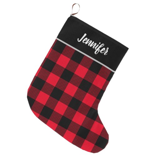 Rustic Red and Black Buffalo Check Monogram Large Christmas Stocking