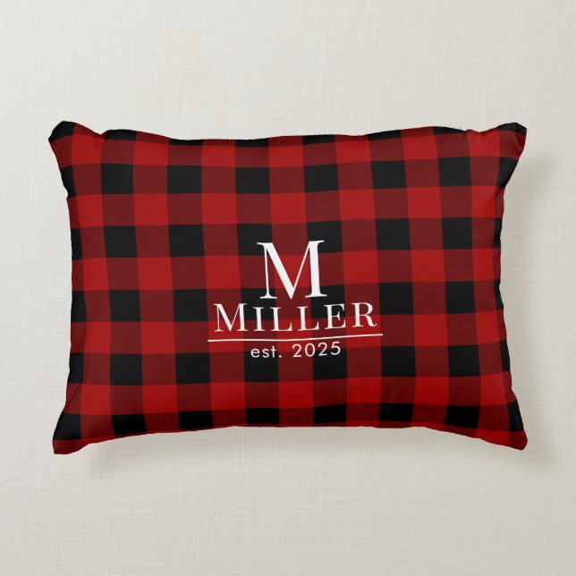 Rustic Red and Black Buffalo Check Monogram Name Accent Pillow (Front)
