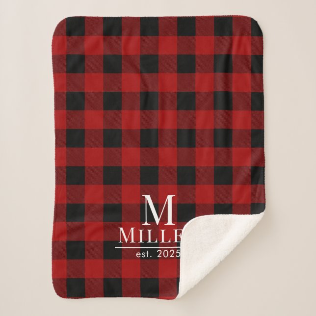 Rustic Red and Black Buffalo Check Monogram Name Sherpa Blanket (Front)