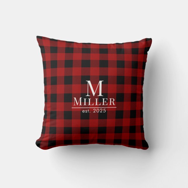 Rustic Red and Black Buffalo Check Monogram Name Throw Pillow (Front)