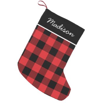 Rustic Red And Black Buffalo Check Monogram Small Christmas Stocking by cardeddesigns at Zazzle