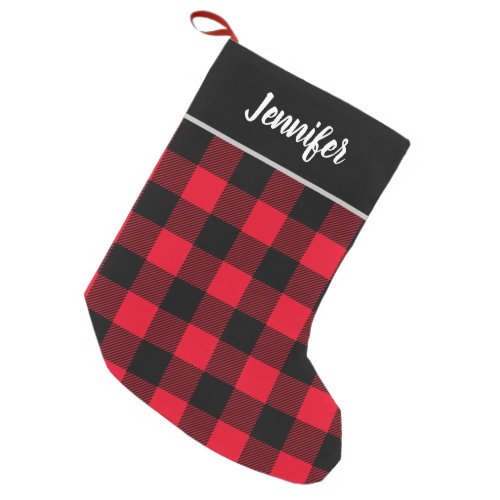 Rustic Red and Black Buffalo Check Monogram Small Christmas Stocking