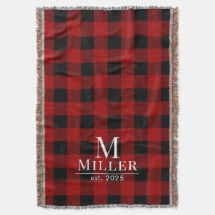 Rustic Red and Black Buffalo Check Monogram Woven Throw Blanket