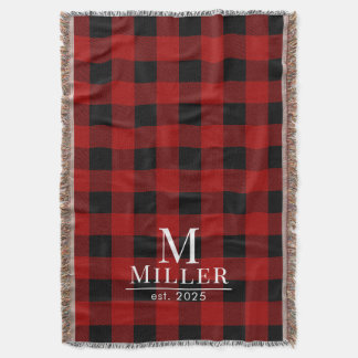 Rustic Red and Black Buffalo Check Monogram Woven Throw Blanket