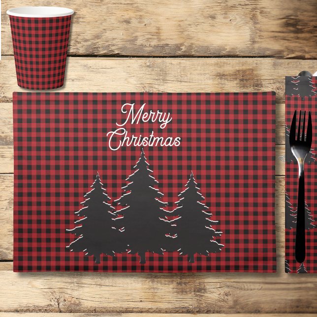 Rustic Red and Black Buffalo Plaid Christmas Trees Cloth Placemat (Creator Uploaded)