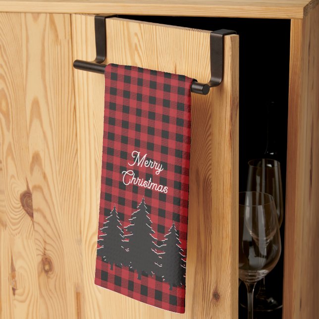 Rustic Red and Black Buffalo Plaid Christmas Trees Kitchen Towel (Thirds Fold)