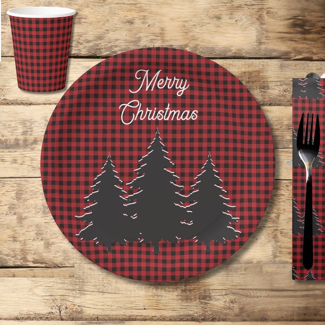 Rustic Red and Black Buffalo Plaid Christmas Trees Paper Plates (Creator Uploaded)