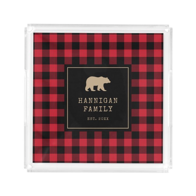 Rustic Red and Black Buffalo Plaid Family Acrylic Tray (Front)