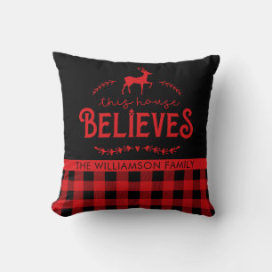 Rustic Red and Black  Buffalo Plaid Family Name  Throw Pillow