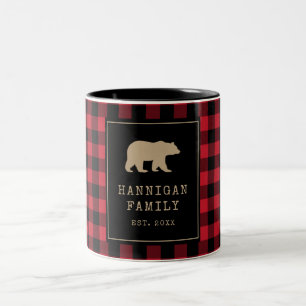 Rustic Red and Black Buffalo Plaid Family Name Two-Tone Coffee Mug