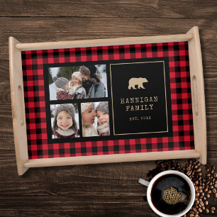 Rustic Red and Black Buffalo Plaid Family Photos Serving Tray
