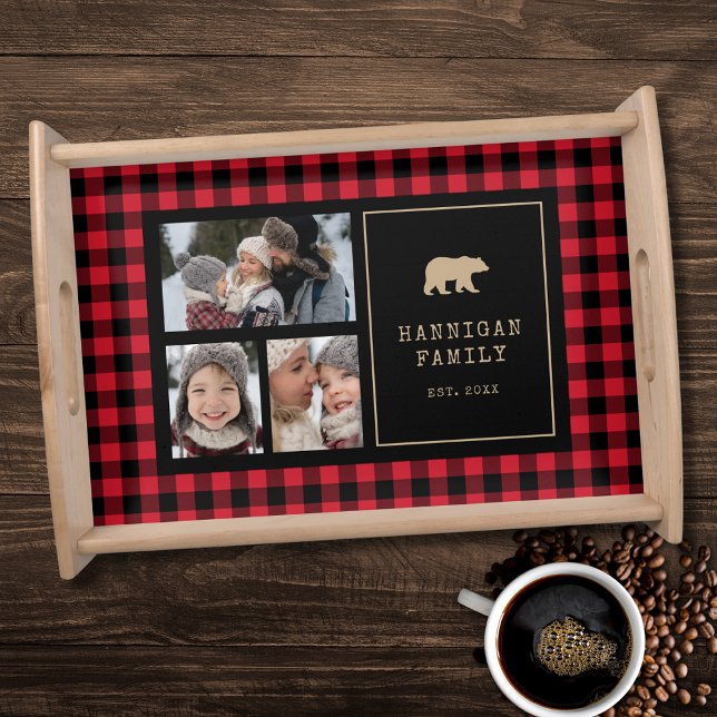 Rustic Red and Black Buffalo Plaid Family Photos Serving Tray (Creator Uploaded)