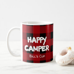Rustic Red and Black Buffalo Plaid Happy Camper Coffee Mug