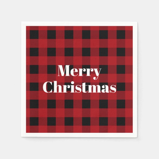 Rustic Red and Black Buffalo Plaid Merry Christmas Napkins (Front)