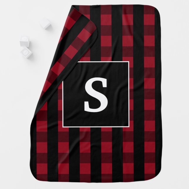 Rustic Red and Black Buffalo Plaid Monogram Baby Blanket (In Situ)
