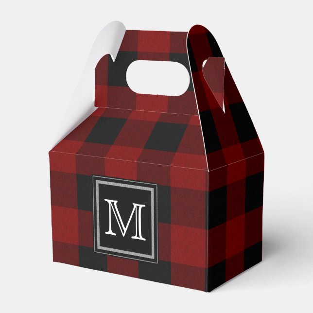 Rustic Red and Black Buffalo Plaid Monogram Favor Boxes (Front Side)