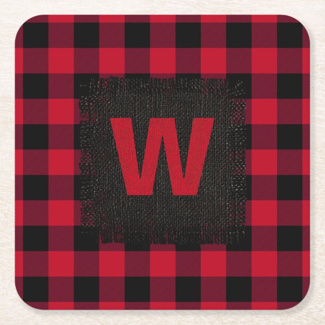 Rustic Red and Black Buffalo Plaid Monogram Square Paper Coaster (Front)