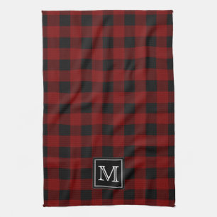 Rustic Red and Black Buffalo Plaid Monogram Towel