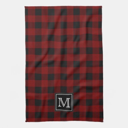 Rustic Red And Black Buffalo Plaid Monogram Towel