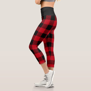 Rustic Red and Black Buffalo Plaid Pattern Capri Leggings