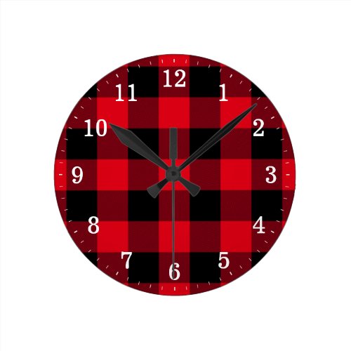 Rustic Red and Black Buffalo Plaid Round Clock