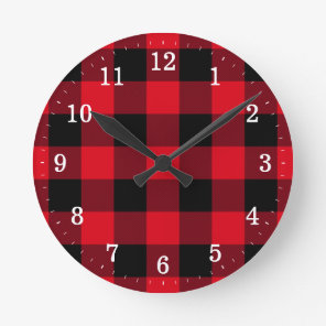 Rustic Red and Black Buffalo Plaid Round Clock