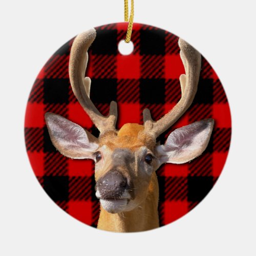 Rustic red and black plaid _ Deer Ceramic Ornament