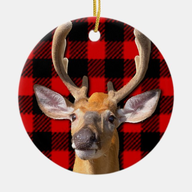 Rustic red and black plaid - Deer Ceramic Ornament (Front)