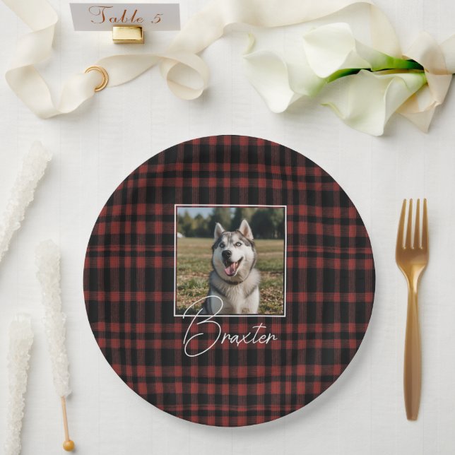 Rustic Red and Black Plaid Pattern Photo Paper Plates (Wedding)