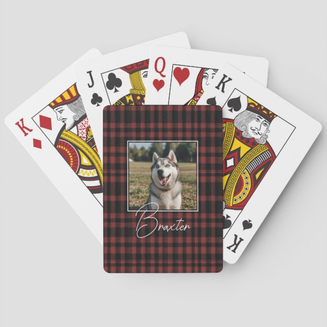 Rustic Red and Black Plaid Pattern Photo Poker Cards (Back)
