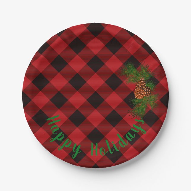 Rustic Red and Black plaid - pine cones Paper Plates (Front)
