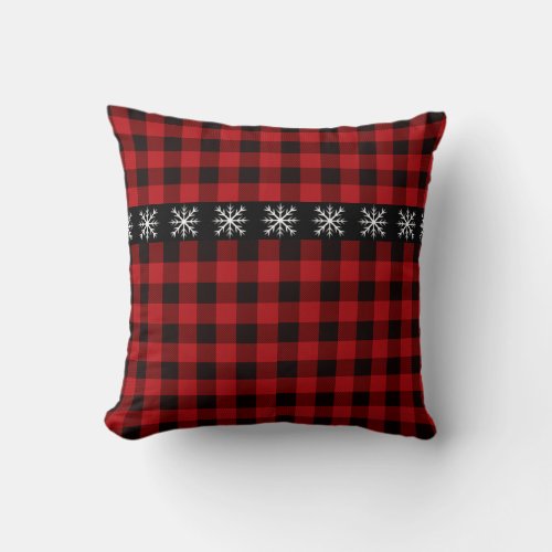 Rustic red and black plaid _snow flake throw pillow