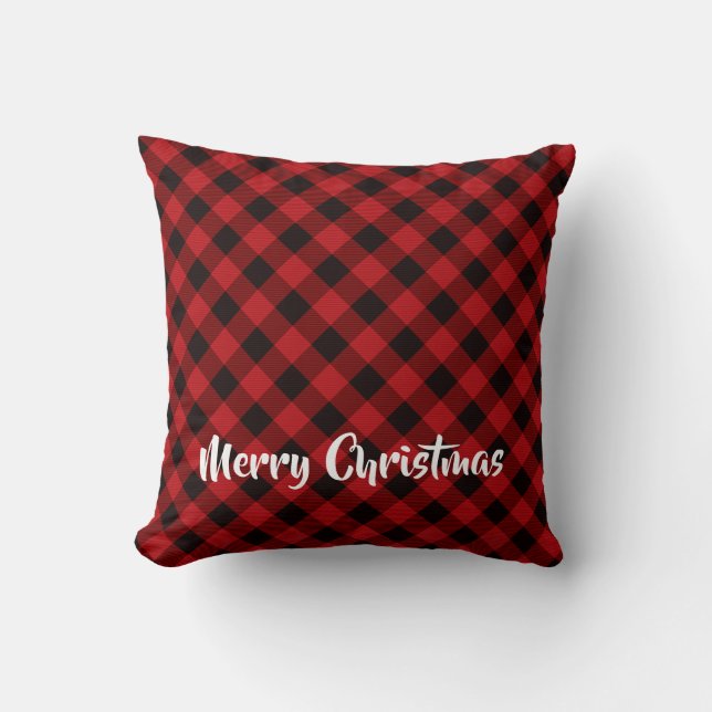Rustic red and black plaid -snow flake throw pillow (Front)